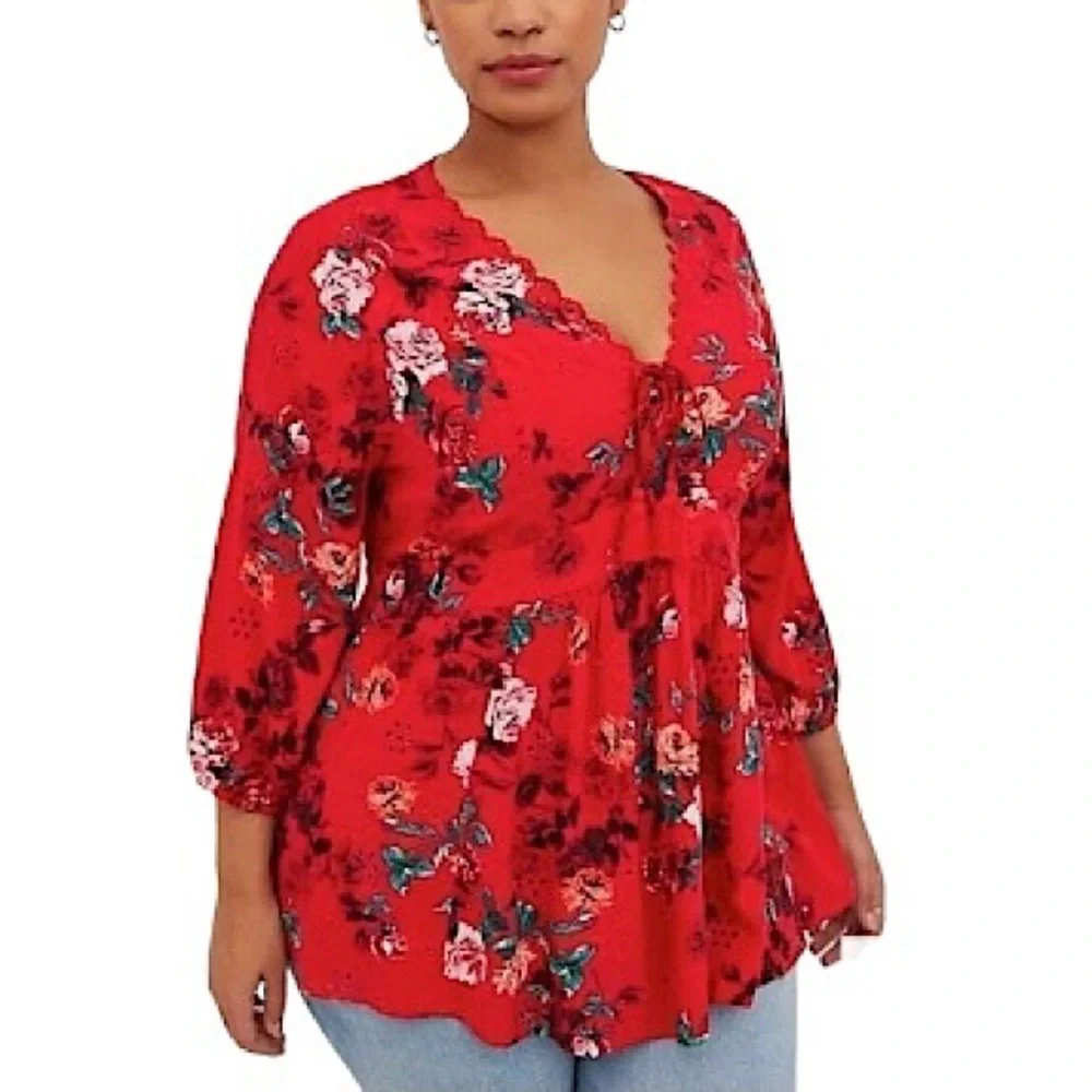 Torrid Red Floral Babydoll‎ Eyelet Elastic Back Bishop Sleeve Lace-Up Top 3 = 3X